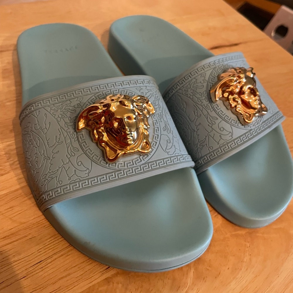 Versace Blue Slide Sandals with Gold Medusa